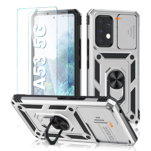 for Samsung A53 5G Case,Galaxy A53 5G Case with Tempered Glass Screen Protector (2Pcs),Dual Layer Durable Protective Cell Phone Cover Shockproof Rugged with Camera Cover & 360Â° Kickstand Ring (Silver)