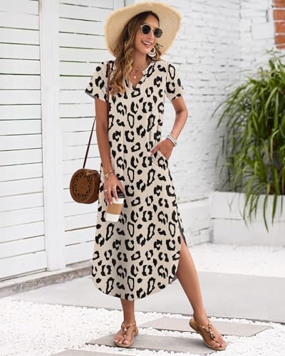 Image of MISFAY Women's Summer Maxi Dress 2026 Casual Short Sleeves V Neck Loose Sundress Split Long Beach T Shirt Dress