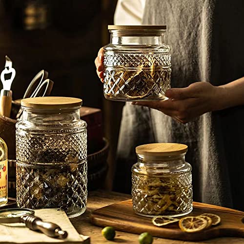 Glass Storage Jars Vintage Embossed Canisters Food Cereal Storage Containers with Bamboo Lid, Decorative Jars for Kitchen Counter,Pantry,Set 3-Piece Glass Jars in 60 oz/40 oz/20 oz (Round) - Image 3