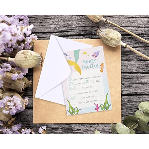 Mermaid Party Invitations - 24 Fill-In Invites With White Envelopes - Postcards For Kids Birthday, Girls Party And Baby Shower, 5 X 7 Inches, Pink And Blue #TOP1