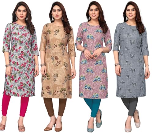 Image of JAKHANA Women's Crepe Printed Casual Straight Calf Length Round Nick Kurta Pack of 4
