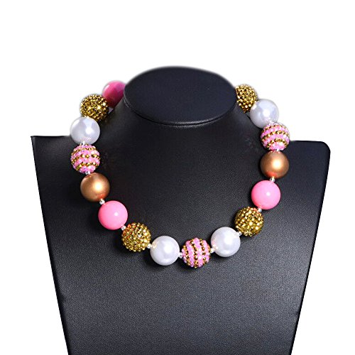 Bling Bling Chunky Bubblegum Necklace Pink and Gold Fashion Beads and Bracelet Set with Gift Box for Baby Girls2