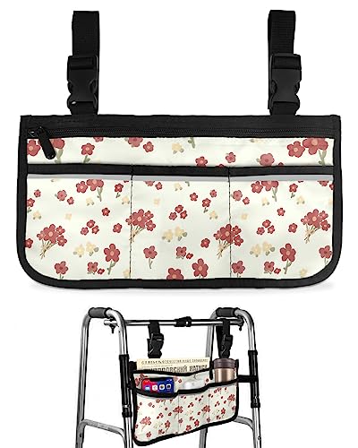 Spring Watercolor Floral Wheelchair Side Bag Walker Bag, Red Yellow Flowers Filling Wheelchair Accessories Armrest Pouch, Organizer Storage Bag for Walkers, Rollators, Scooters, 7.3''x13''
