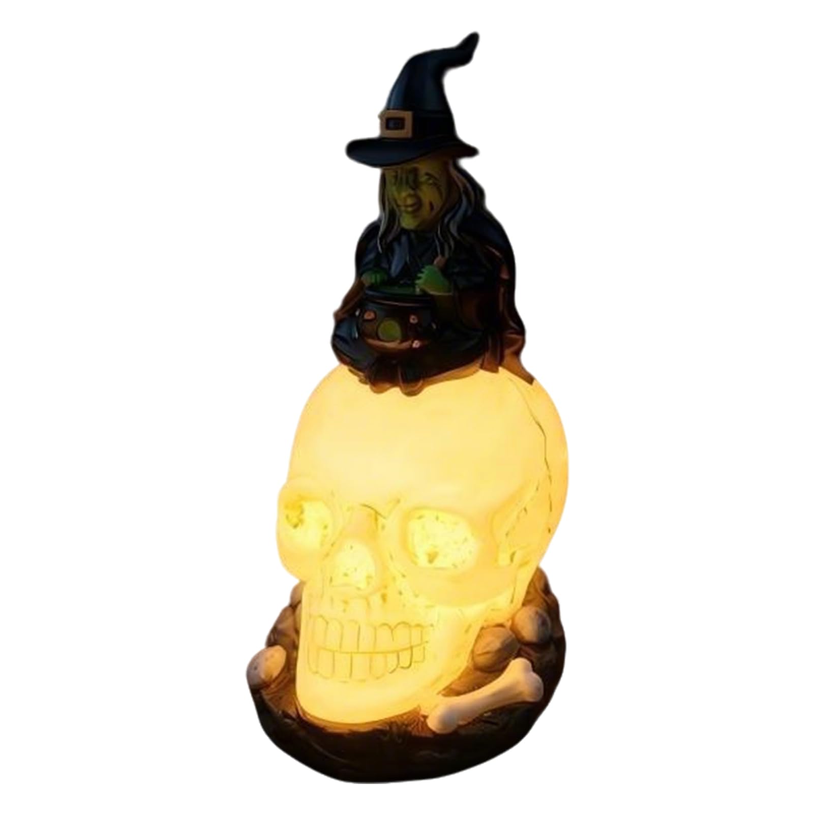 pidodou Spooky Resin Witch Skull Figurine, Gothic Halloween Skeleton Statue Decor for Desk Shelf Home Office With Light Onesize