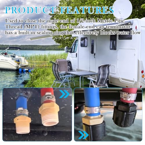 Image of 2 Pcs Black Plastic Low Point Drain Seals /Caps with Sealing Ring & Teflon Tape Compatible - 1 /2 inch Hot and Cold Water Pipes,Suitable for RVs, Campers, Travel Trailers