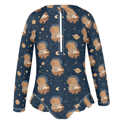 ALAZA Toddler Swimsuit Girl Bathing Suit Swimwear Rash Guard Astronaut Capybara Long Sleeve 3T2