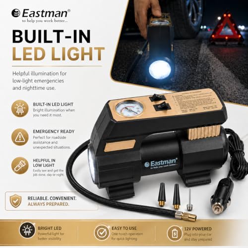 Image of EASTMAN Air Compressor 12V Car Tyre Inflator ? 100 PSI High Pressure Portable Pump with LED Light & 20L /Min Air Flow for Cars, Bikes & Inflatables (EAC-25100)