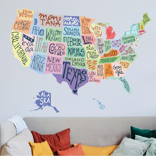 SUPERDANT Map of United States Wall Decals United States Map Wall Stickers Wallpaper Decor Colorful Decal Vinyl Decoration for Bedroom Living Room Hallways Family Office Classroom