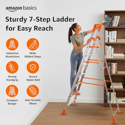 Image of Amazon Basics Clamber Pro+ - Foldable7 Step Ladder with Tool Tray, Firm Grip, 7 Steps (Aluminium Steps, Orange & Satin)