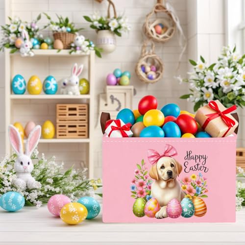 Image of Large Cute Easter Basket for Kid Empty Gift Baby Rectangle Storage Bin Bunny Eggs Boy&Girl Room Decor (Pink Dog)