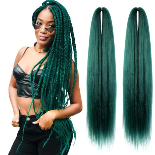 WUDAS Dark Green Braiding Hair 30 Inch Long Pre Stretched Hair Straight Yaki Texture Synthetic Hair Extensions Softness, 2 Packs
