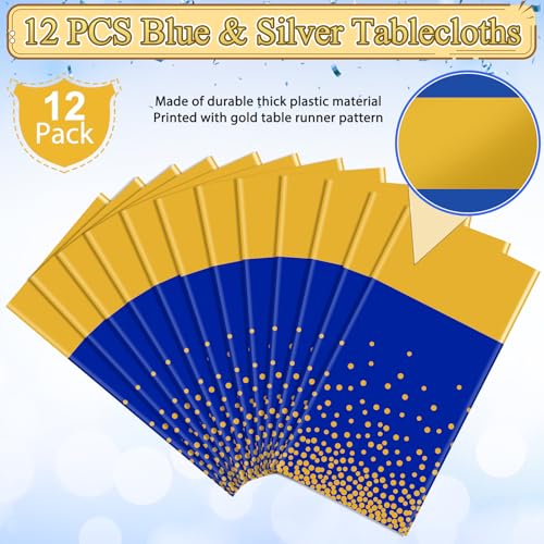 Image of 12Pcs Blue Gold Tablecloth Party Decorations,Plastic Royal Blue Table Cloth Printed Gold Tables Runner Disposable Rectangle Table Cover for Birthday Anniversary Wedding Graduation Party,54 x108 Inch