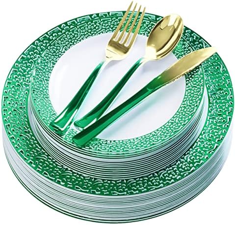 FOMOICA Lime Green Plastic Plates and Light Green Gold Silverware - 125 Pcs Disposable Premium Plastic Dinnerware Set – Reusable Dinner Plates Cutlery set – Birthday Parties, Halloween, Christmas