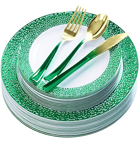 Fomoica Lime Green Plastic Plates And Light Green Gold Silverware - 125 Pcs Disposable Premium Plastic Dinnerware Set – Reusable Dinner Plates Cutlery Set – Birthday Parties, Halloween, Christmas #TOP3