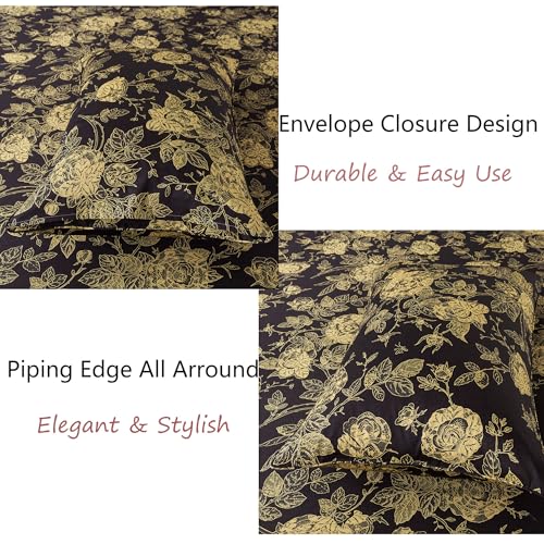 Image of FADFAY Rose Sheets Set Full Vintage Black Gold Floral Bedding Shabby Peony Botanical Sheets Luxury Farmhouse Bedding 800 Thread Count 100% Egyptian Cotton Deep Pocket Fitted Sheet 4Pcs, Full Size