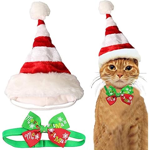 Red and White Striped Cat Kitten Puppy Christmas Santa Hat and Bow Tie Collar for Cats Small Dogs Pets Cover