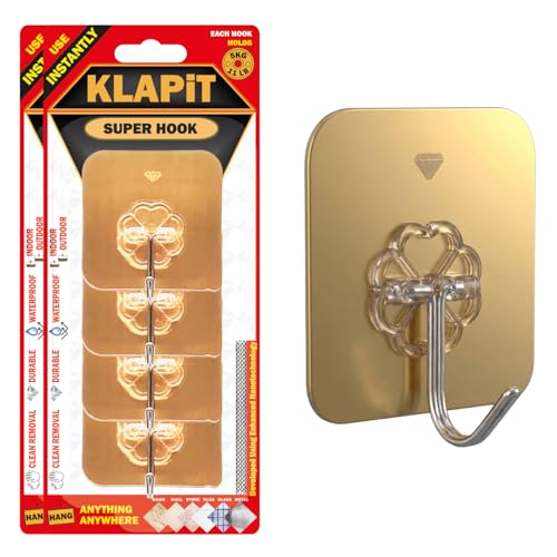 Image of KLAPiT Super Hook - Heavy Duty Adhesive Wall Hooks, No Drilling, Waterproof, Damage-Free Hanging Solution for Bedroom, Bathroom, and Kitchen Items - Gold, 8 pcs.