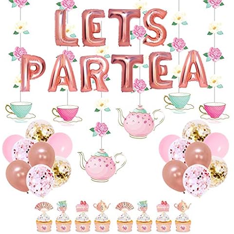 JOPARY Tea Party Decorations with LET'S PAR TEA Aluminum Foil Balloons Floral Tea Party Hanging Decorations Latex Balloons and Teapots Teacups Cupcake Toppers for Lets Par-Tea Party Decor Cover
