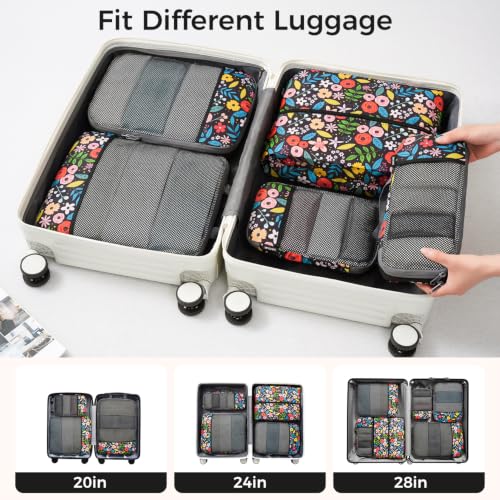 Image of BAGAIL 4 Set /6 Set /8 Set Compression Packing Cubes Travel Accessories Expandable Packing Organizers (Half Mesh, 6-Black Floral)