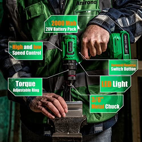 ANIRONA 20 V bürstenloses Akku-Bohrmaschinen-Set, 25 + 3 Schlagbohrschrauber-Set mit 2 x 2,0 Ah Batterien und Ladegerät, 450 In-lbs Drehmoment, 3/8 Zoll Metall Schnellspannbohrfutter, 2 variable – Bild 7