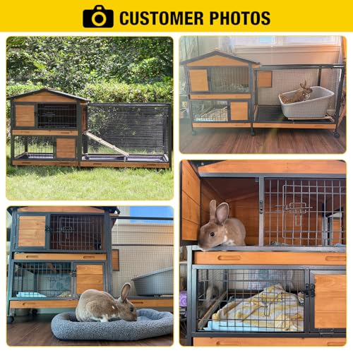 Image of Aivituvin Rabbit Hutch with Buy-Free Metal Frame - Indoor & Outdoor Rabbit Run with Wheels and Leak-proof Storage Tray (Wood Colour)