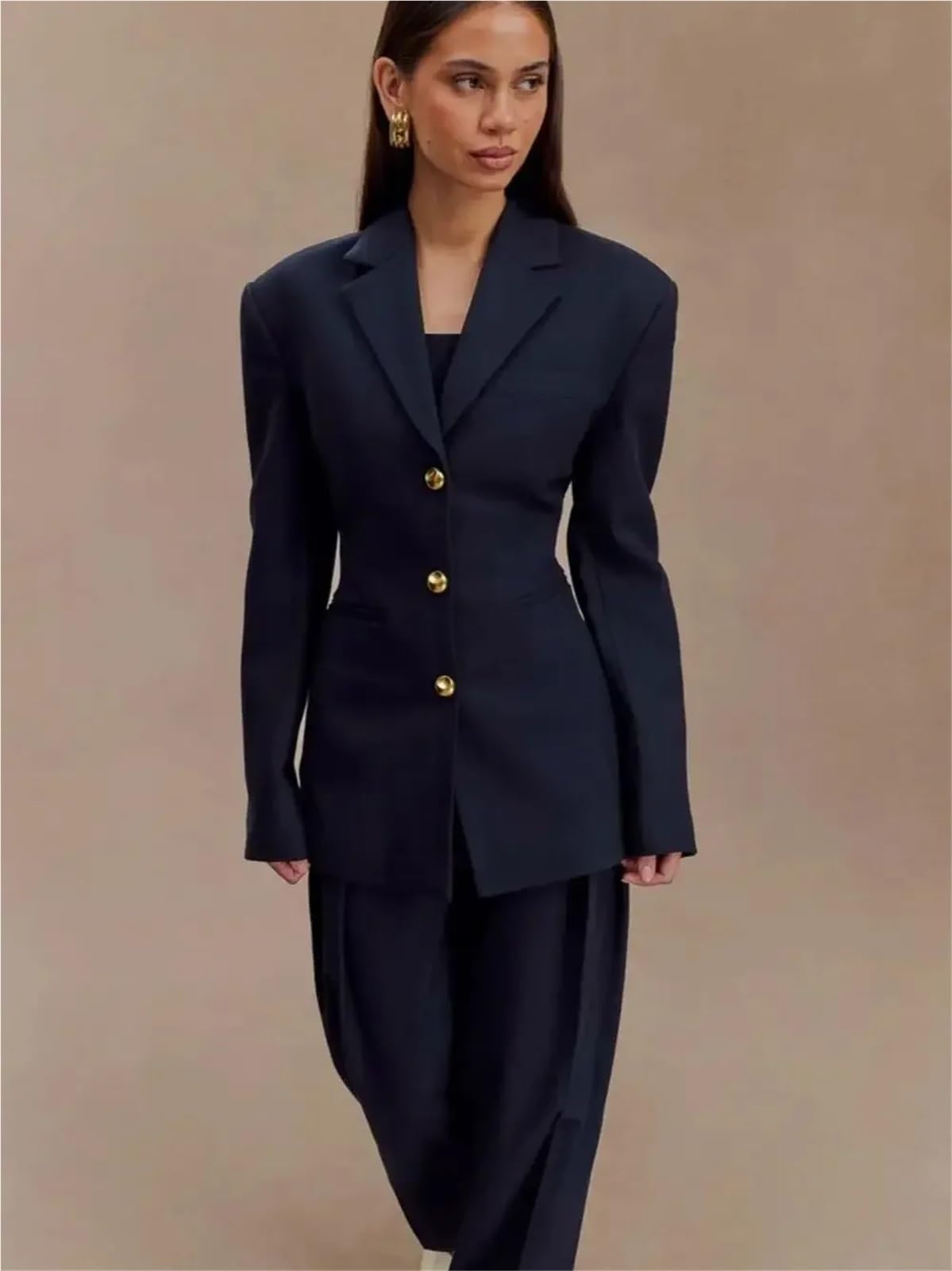 Traje pantalón de mujer, blazer azul un solo botón metálico, estilo clásico, con pernera ancha Para EquitacióN(L)