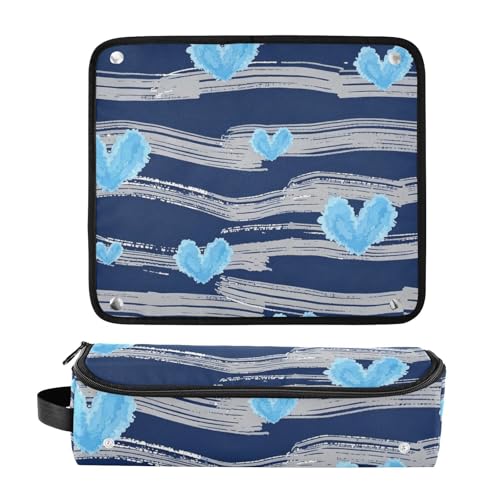 Bolsa de viaje para herramientas de cabello para mujer y tapete resistente al calor, estuche portátil para planchas, rizadores y secadores, azul marino con rayas y corazones miniatura 3