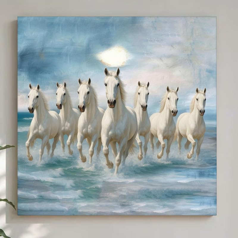 Image of PAINTINGMANTRA 7 White Running Horses Canvas Wall Art Painting For Living Room|Seven Running Horses Vastu Feng Shui Stretched Canvas Painting For Bed Room, Home & Office, 22x22 Inch