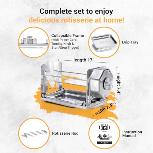 ROTO-Q 360 Cordless Universal Rotisserie Kit for Grills Ovens and Smokers - Non-Electric Wind-up Spit Roaster for Indoor or Outdoor, Gas or Charcoal BBQ - Compatible with Kamado Joe Green Egg Kettle