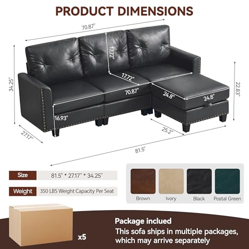 Image of 71 inch Faux Leather Modular Sectional 3 Seater Couch with Storage Ottoman, Vintage PU Leather L Shaped Sofa with Nailhead Trim, Mid Century Modern Tufted Couches for Living Room, Bedroom, Office, Black