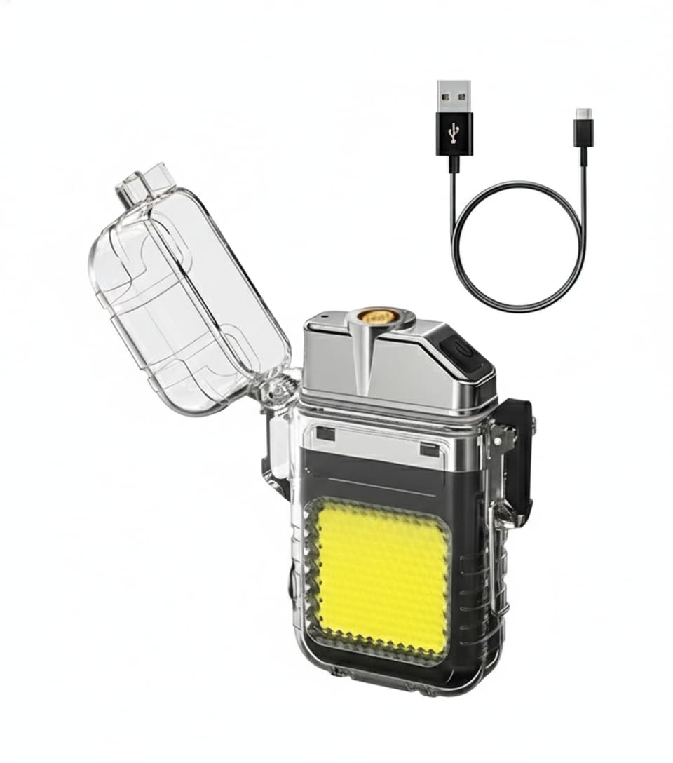 Rechargeable Coil Ignition Electric Pocket Lighter with Built-in COB Flashlight, USB-C Fast Charging, Windproof Flameless, Transparent and Silver, 3 Light Modes, Compact-image-30