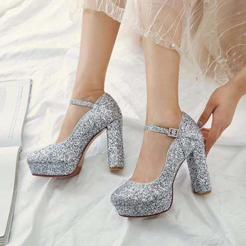 Women's Round Toe High Heels Mary Jane Thick Soled Paired with PU Leather and Lace up Bridal Shoes2