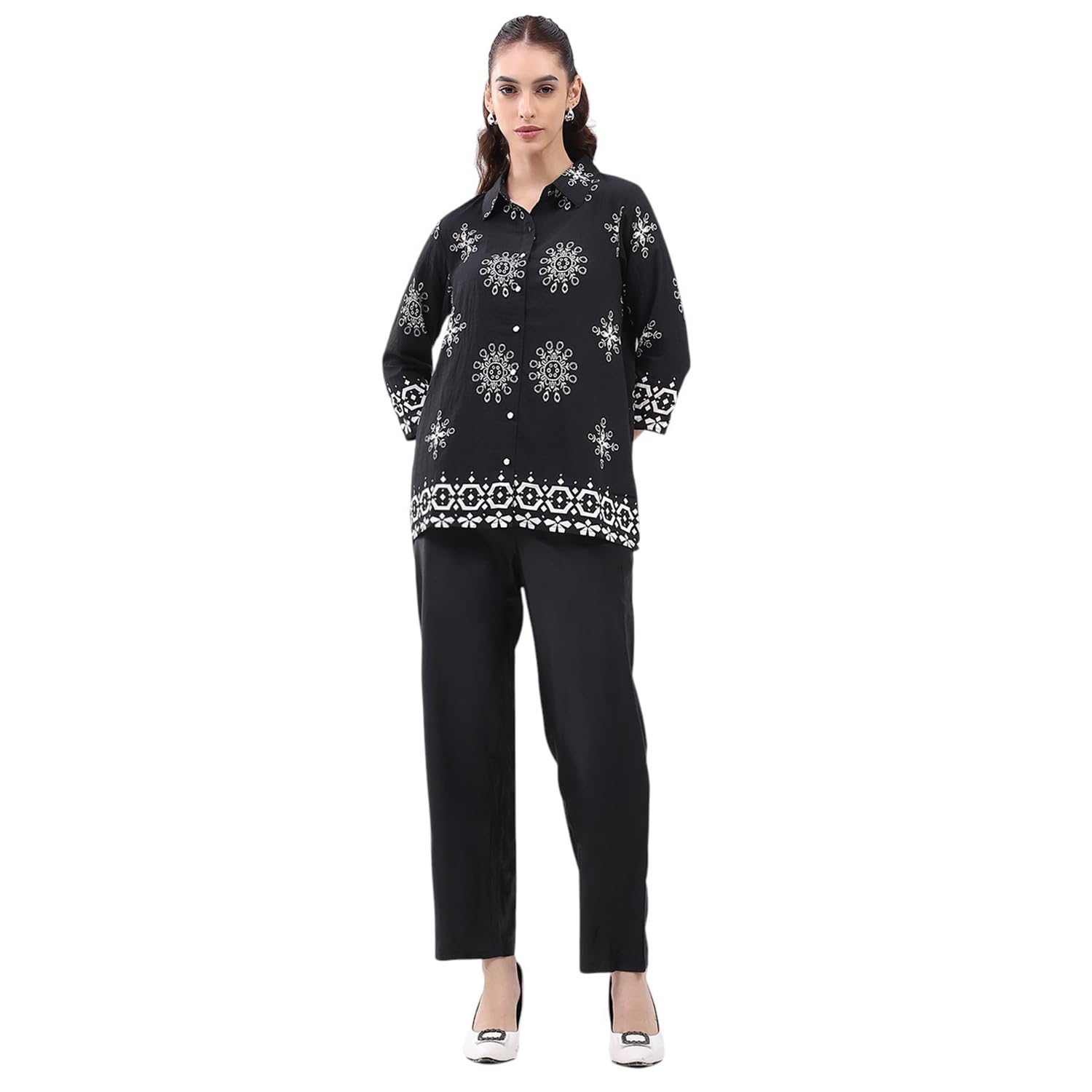 Women's Winter Coordinate Set | Stylish Printed Design | Regular Fit Collar Neck | Warm 3/4 Sleeves Fashion Winter Wear | Co-ord Set for Women (Pack of 1)