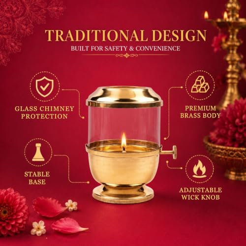 Image of Klassic 6 Inch Pure Brass Akhand Jyoti Diya with Glass Cover & Adjustable Bati Knob | Traditional Oil Lamp with Wick Lifting Screw Lever for Home Temple, Pooja Room, Diwali, Navratri & Daily Puja