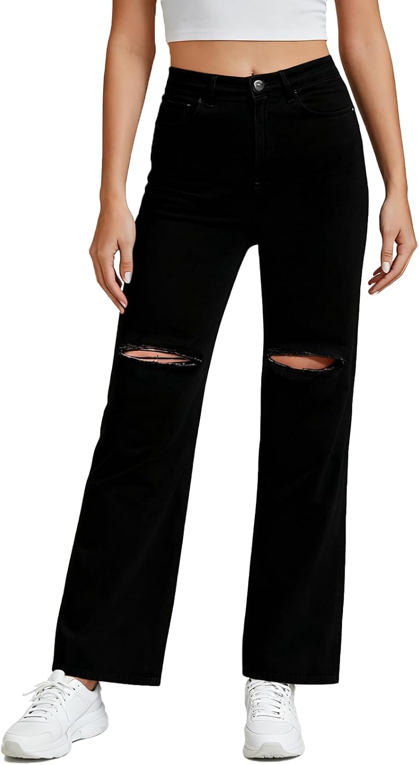 Women's High Waisted Ripped Wide Leg Jeans Stretchy Baggy Straight Distressed Denim Pants - Image 2