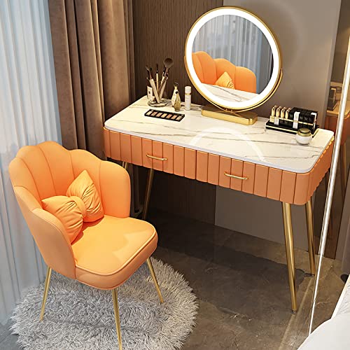 Juego de tocador con espejo iluminado y taburete, mesa de maquillaje de madera maciza con almacenamiento, ideal para dormitorio familiar de mujeres (blanco, 80 cm, detalles naranja)