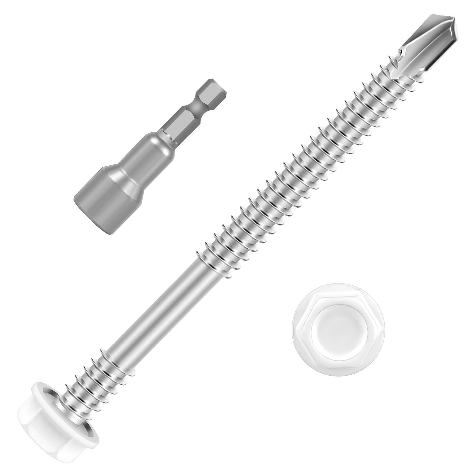 #14 x 6 (30 piezas) Tornillos de chapa de cabeza blanca, tornillo autoperforante de cabeza hexagonal con arandela, tornillos autorroscantes rápidos con brida, enchufe hexagonal incluido