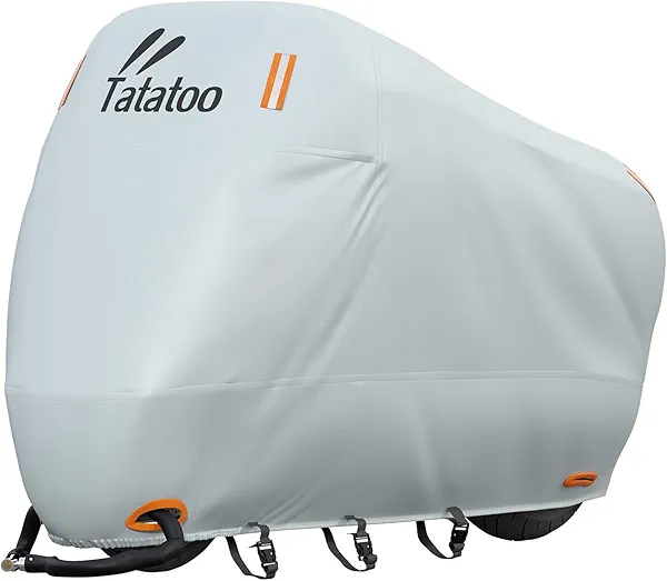 TATATOO Motorcycle Cover Waterproof Outdoor, 300D Heavy Duty, UV & Rain Resistant, 3 Wind-Resistant Buckles, Dual Lock Holes, Includes Storage Bag, Fits Most Motorcycles up to 96.5",Silver
