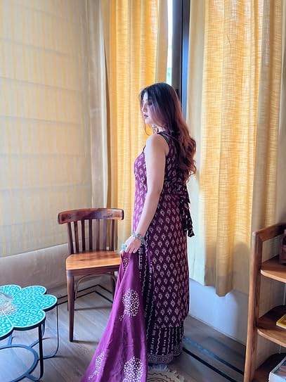 Image of Women's Rayon Slub Printed Kurti Palazzo Set with Chanderi Cotton Dupatta, Sleeveless Round Neck Ethnic Kurta Set with Cotton Inner, Stylish Printed Kurti Set for Festive,