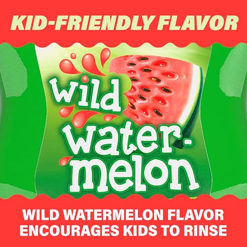 Image of ACT Kids Anticavity Fluoride Rinse Wild Watermelon 16.9 fl. oz. Accurate Dosing Cup, Alcohol Free | Sugar free and alcohol free mouth rinse for children, strengthens teeth, reduces occurrence of cavities, maximum OTC fluoride