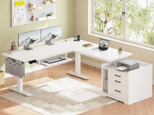 Image of SEDETA L Shaped Electric Standing Desk with File Cabinet, 63 x 53'' Height Adjustable Home Office Computer Desk with Drawers, Power Outlet, Stand up Gaming Table with Led Lights, Keyboard Tray, White