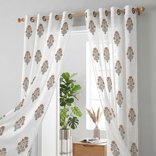 Image of LINENWALAS Decorative Cotton Linen Sheer Curtains 6 Feet for Window -Block Printed Door Curtain | Grommet Hanging Style Pack of 2 Panels |Light Filtering Sheer Drapes (Sandstone Floral)