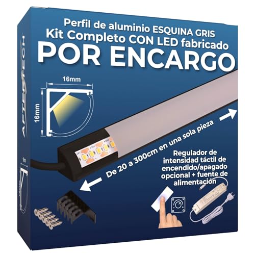 AFTERTECH Barra LED Esquinera Perfil Aluminio Negro al centímetro de 20 a 300cm en UNA SOLA PIEZA - LUZ POTENTE 19,2w/m 180led/m - PERSONALIZABLE Bajo Mueble de Cocina