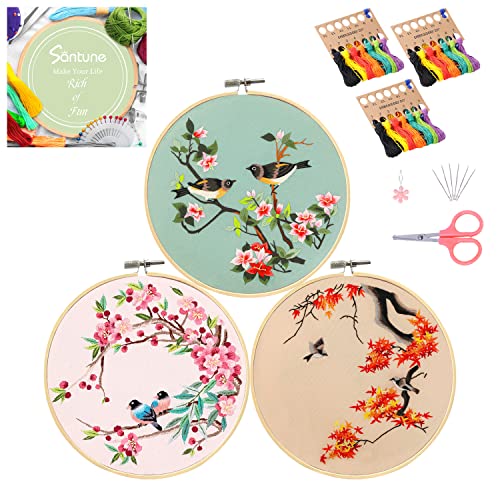 Image of Santune 3 Pack Embroidery Kit for Adults Cross Stitch Kits for Beginners with Bird Patterns,3 Instructions,1 Hoop,Threads and 6 Needles,Hand Needlepoint Sets for Women