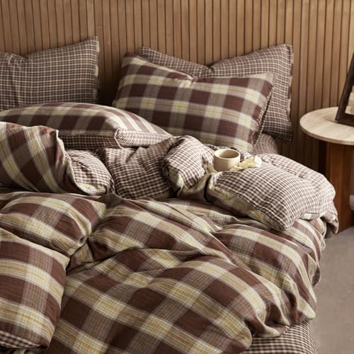 Image of EAVD Vintage Yellow&Brown Plaid Duvet Cover Full Soft 100% Muslin Cotton Retro Grid Checkered Plaid Bedding Set with 2 Pillowcases Farmhouse Reversible Gingham Duvet Cover with Zipper Closure