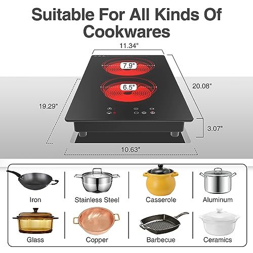 Image of GIHETKUT Electric Cooktop,Built-in and Countertop Electric Stove Top, 2100W 110V Electric Burner 9 Heating Level, Timer & Kid Safety Lock, Sensor Touch Control 2 Burner Electric Cooktop.