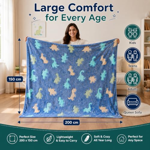 Image of Glow in The Dark Dinosaur Blanket for Kids, Teens & Adults, 200 x 150 cm, 240 GSM Soft Polyester Fleece Throw Blanket, Cozy Lightweight AC Blanket for Bed, Sofa & Travel, Blue