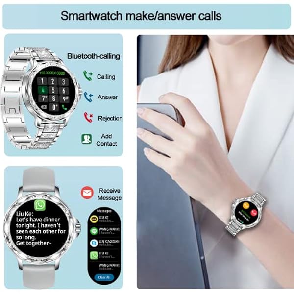 MiGuoLeyu Smartwatch Mujer con Llamadas, 1.2" Reloj Inteligente Mujer con Pulsómetro,SpO2,Monitor de Sueño,Podómetro,2 Correas,Relojes Inteligentes para Android iOS（Plata）