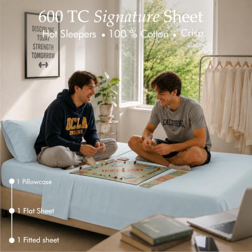 Image of Threadmill 600 Thread Count Cotton Twin XL Sheet Set, Sateen, Blue, 3-Piece
