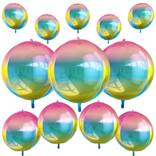 Image of 12PCS Gradient Rainbow Round Foil Balloons 22 inch 15 inch 10 inch Large Mylar Balloons | Shiny Colorful 4D Ball Balloons for Birthday Party, Graduation, Wedding, Christmas, New Year, Disco Prom Party Decorations
